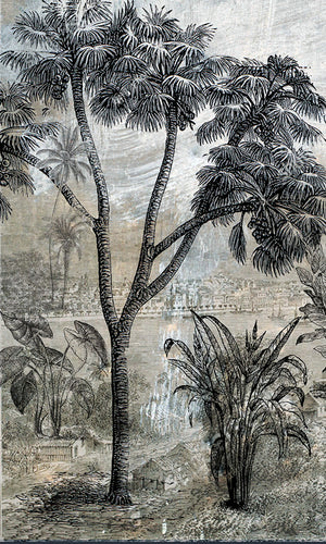vintage illustrated tropical landscape wallpaper