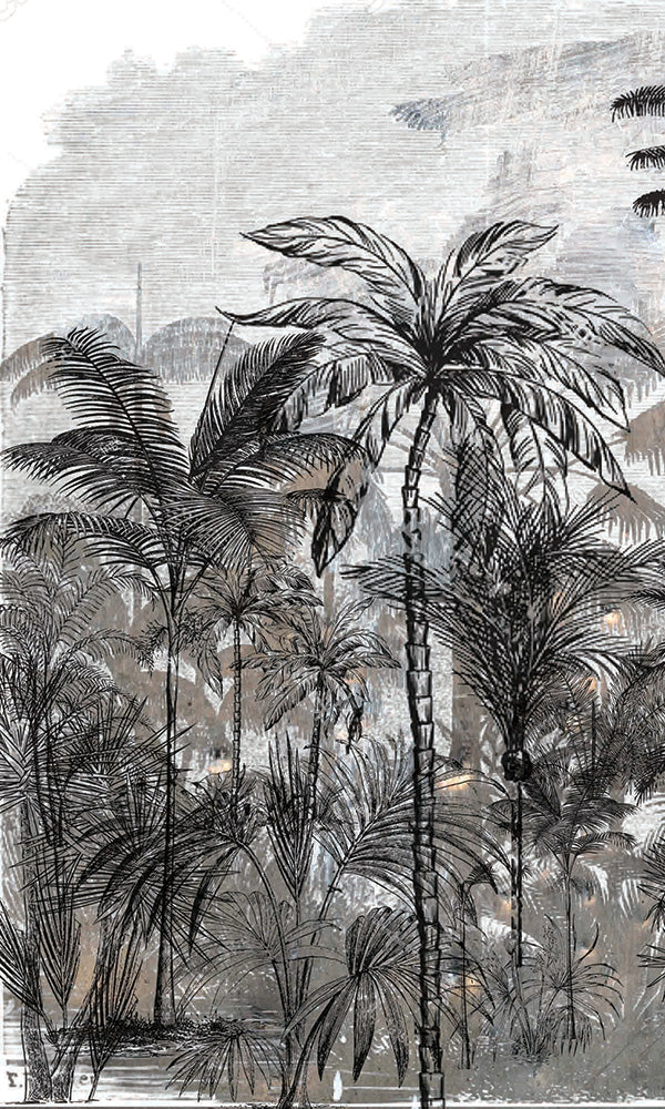 vintage illustrated tropical landscape wallpaper